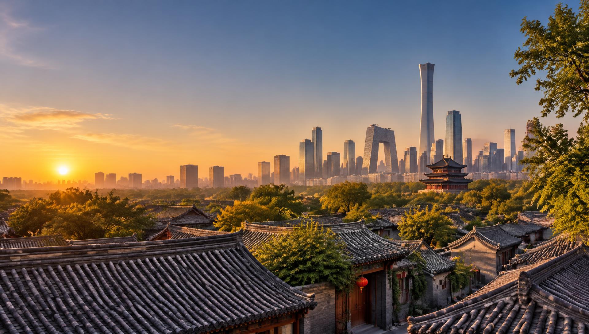 Beijing at golden hour, with sunlight over traditional grey-tiled rooftops and the modern skyline beyond